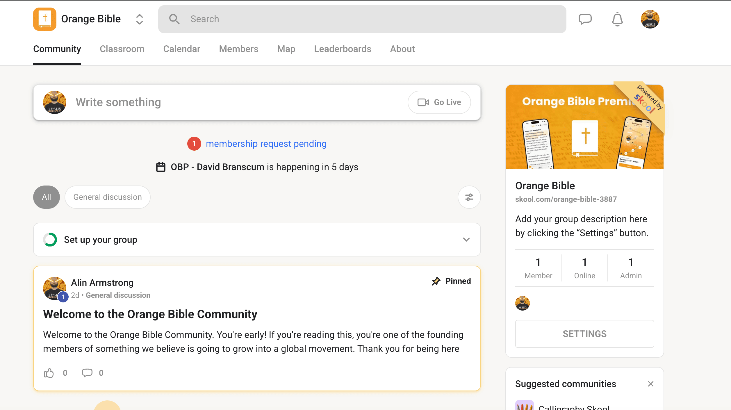 The Orange Bible community feed on Skool