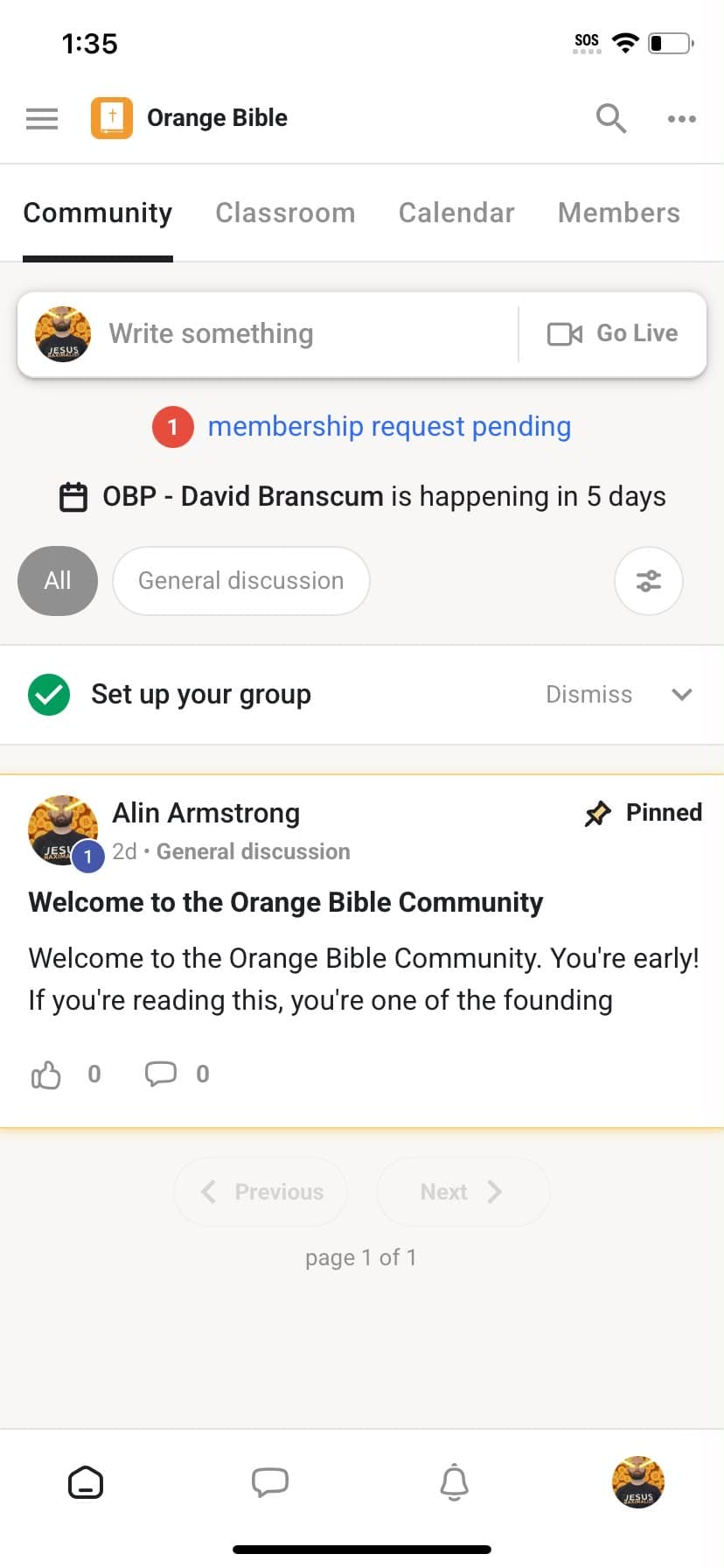 The Orange Bible community feed on mobile